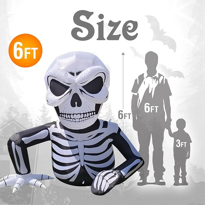 WBHome 6 Ft Halloween Inflatable Half Body Skeleton Skull Decorations, Day of The Dead Blow Up Yard Decor with Built-in LED Light (Plug in) for Lawn Home Dia de Los Muertos Party Indoor Outdoor