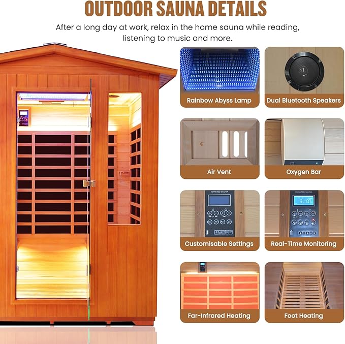 Outdoor 4 Person Sauna Far Infrared Saunas Dry Sauna Room Red Cedar and Canadian Hemlock Wood Wooden Sauna Spa 2600W 240V with 7 Color Light 62.2 * 46.8 * 81.9 inches