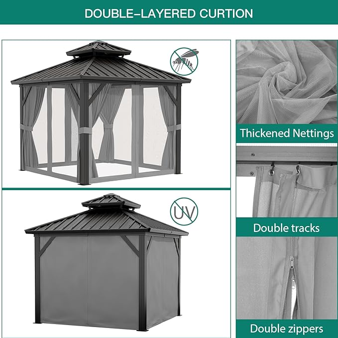 10'x10' Hardtop Gazebo, Heavy Duty Aluminum Permanent Hardtop Gazebo Outdoor Pavilion with Curtains and Netting for Garden (Gray, 10'x10')