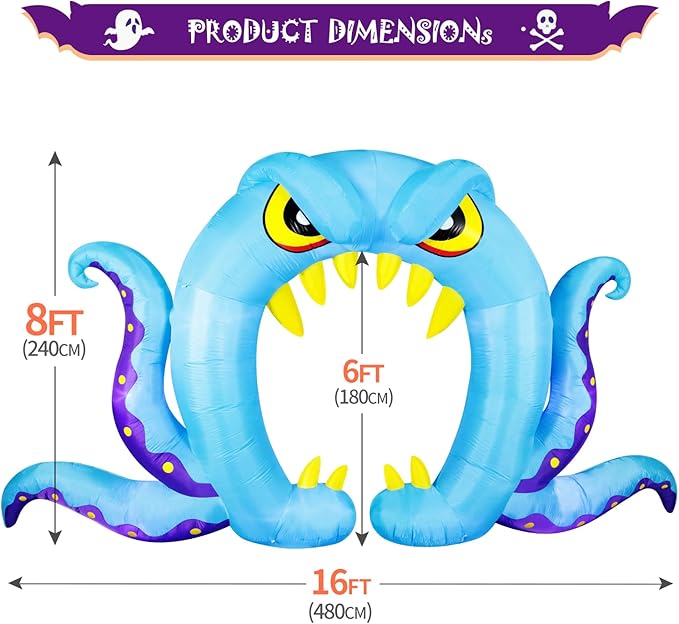 DomKom Halloween Inflatable Blow Up Decorations, 16FT Long 8FT Tall Blue Monster Octopus Archway, Built-in LEDs for Holiday Party, Garden, Lawn, Yard, Patio Décor