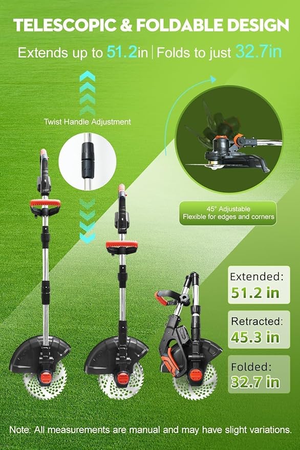 Cordless Weed Wacker, 12-Inch Electric Weed Wacker, Brushless Grass Trimmer with Wheels, 2×4.0Ah Batteries, Lightweight Electric Weed Eater with Telescoping Shaft for Lawn, Yard, Garden, Black