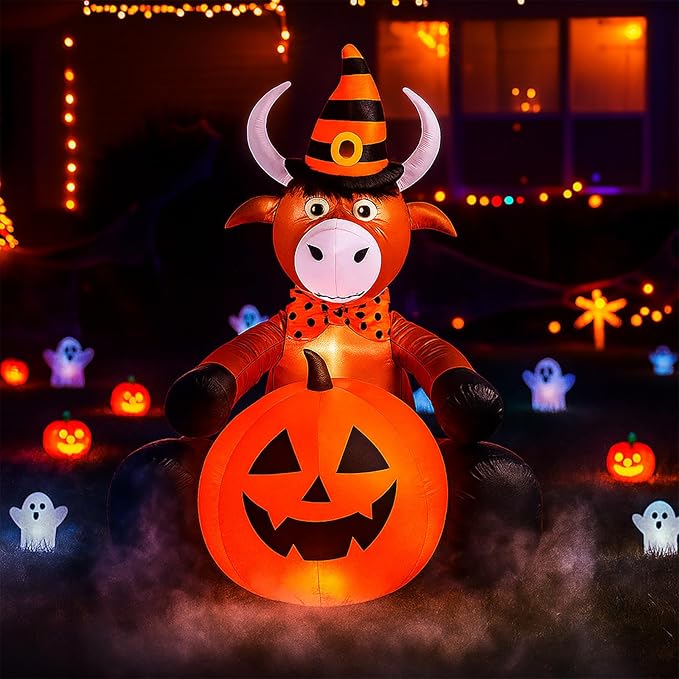 Soulchen 5FT Halloween Inflatable Highland Cow Outdoor Decorations with Witch Hat Holding Pumpkin Built-in LED Lighted Halloween Blow up for Yard Garden Lawn Holiday Party Decor