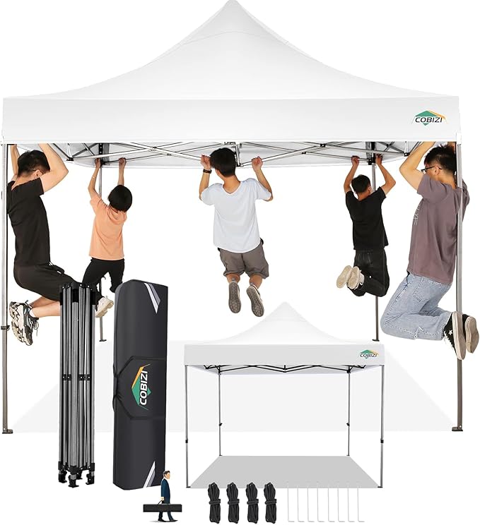 COBIZI 10x10 Pop Up Canopy Without Sidewall,Heavy Duty Canopy UPF 50+ All Season Wind Waterproof Commercial Outdoor Wedding Party Tents for Parties Canopy Gazebo with Carry Bag(10 x 10 ft White)
