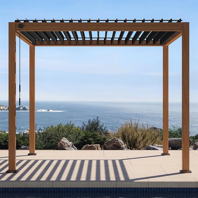 MIRADOR 111S Takasho Louvered Pergola, 10Ft x 10Ft, Full Aluminum Frame, Adjustable Roof for Outdoor Deck Garden PatioDurable, Cherry Oak