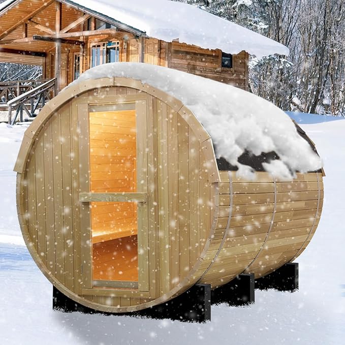 Outdoor Barrel Steam Sauna, 6-8 Person Wood Sauna Room with 6kw Toule Electric Heater with Sauna Stone, Canadian Helmock Wooden Sauna, Sauna Accessories and Asphalt Shingle Roof (Helmock)