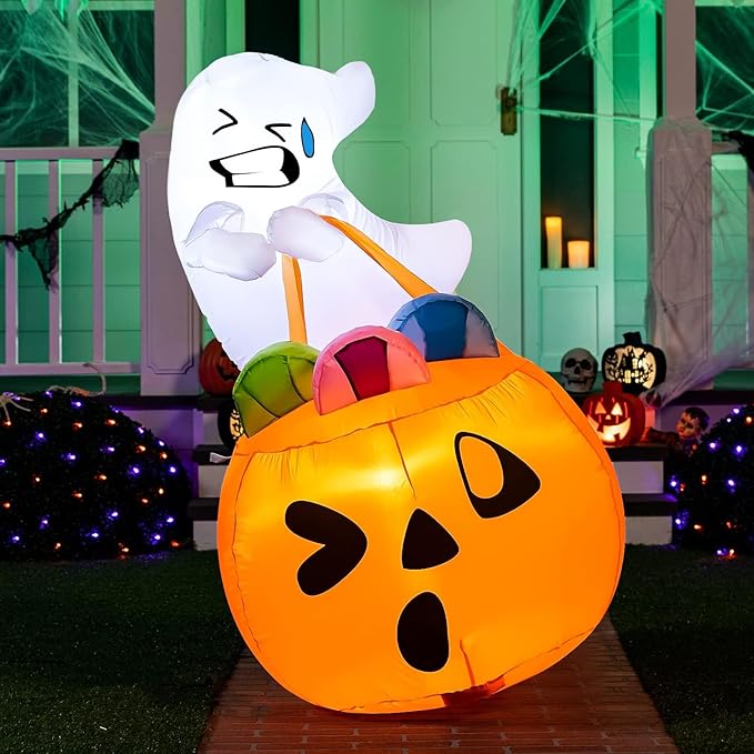 Joiedomi 5 FT Tall Halloween Inflatables Outdoor Decorations, Inflatable Cute Ghost Halloween Decor Outdoor, Blow Up Ghost Lift Pumpkin Candy Bag with Build-in LEDs for Yard Decorations