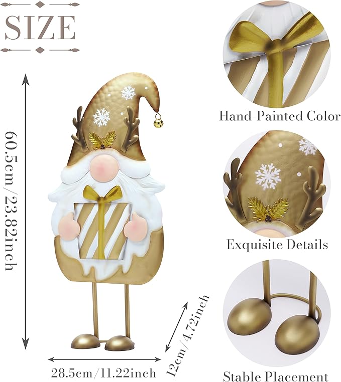 TERESA'S COLLECTIONS Gnome Christmas Decorations,Metal Gold White Santa Holding Gifts,Christmas Gnome Statue for Garden Indoor Outdoor,Decorative Yard Art Sign for Lawn Xmas New Year Winter Decor,24"