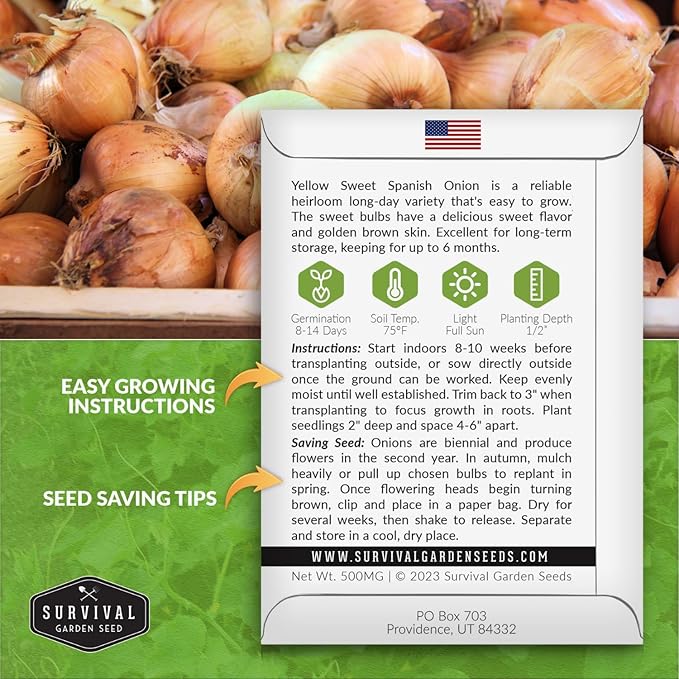 Yellow Sweet Spanish Onion Seed for Planting - 1 Packet with Instructions to Plant and Grow Long Day Onions in Your Home Vegetable Garden - Non-GMO Heirloom Variety - Survival Garden Seeds
