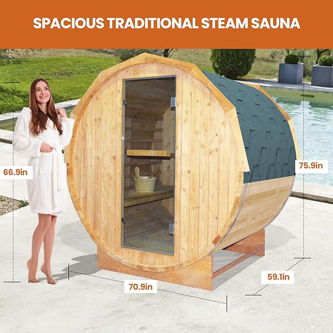 Outdoor Traditional Steam Sauna Barrel Sauna, 4 Person Outdoor Sauna 4.5KW/240V Stove Heater, Finnish Carbonized Spruce with Wooden Barrel, Spoon, Sauna Stone, LED Light - 59 * 70.9 * 75.9 in