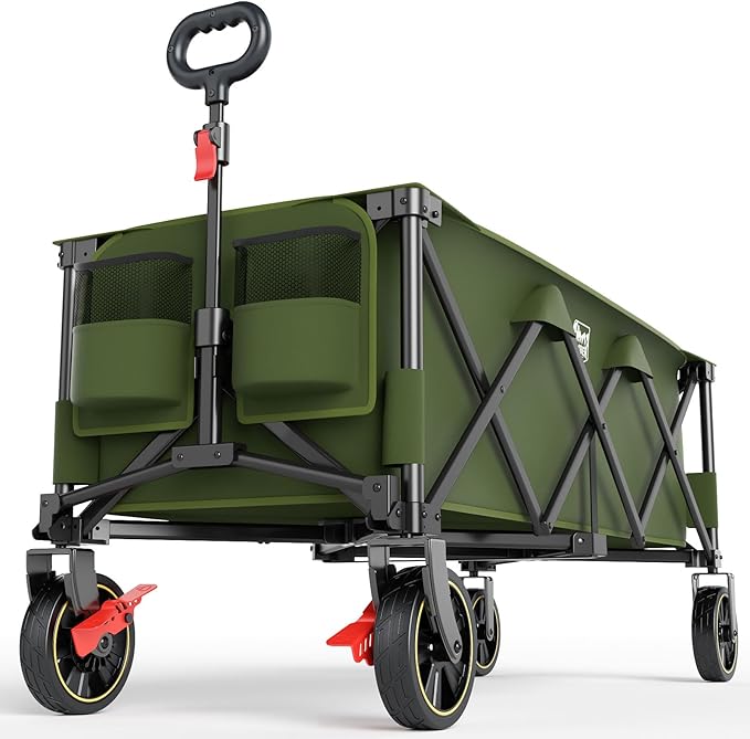 Timber Ridge 51.2'' Extended Collapsible Wagon Cart with Brakes and Cargo Net, Heavy Duty Foldable Utility Wagon with Adjustable Handle, 400L Capacity Portable Cart for Camping Sports Shopping
