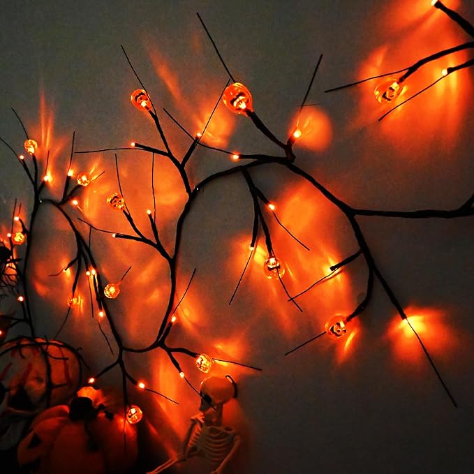 Halloween Decor Lights 6.5 Ft 54 LED Willow Vine Twig with Timer Battery Operated Garland Light 18 LED Pumpkins and 36 Orange Lights Halloween Party Scary Decoration for Home Wall Fireplace