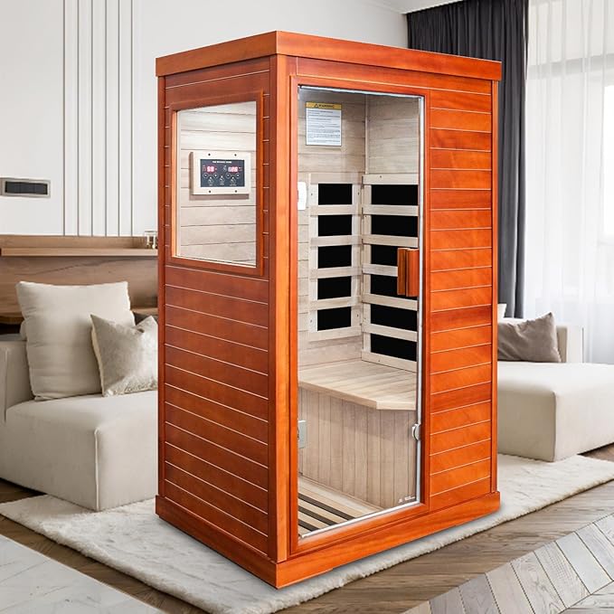 Far Infrared Saunas for Home Sauna Room Wood 800W Indoor Sauna Dry Sauna 110V with Control Panel and Tempered Glass Door, Bluetooth Speakers, Reading Lights and Circulation Vents - 35.2*27.6*61.6 IN