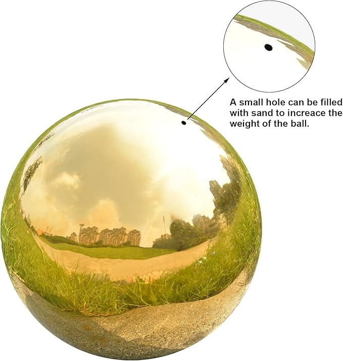 Nerien 10 Inch Gazing Ball, Stainless Steel Garden Mirror Globe, Polished Ornament Sphere, Hollow Floating Reflective Hemisphere, Home Outdoor Pond Housewarming Swimming Pool Decoration Gift, Gold