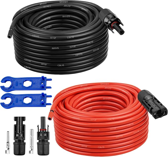 Solar Extension Cable 10AWG, 100FT Red & Black Solar Panel Wire with Solar Connector, PV Wire with Disconnect Wrenches & Extra Male/Female Connectors for RV, Camper, Inverter, Off-Grid System