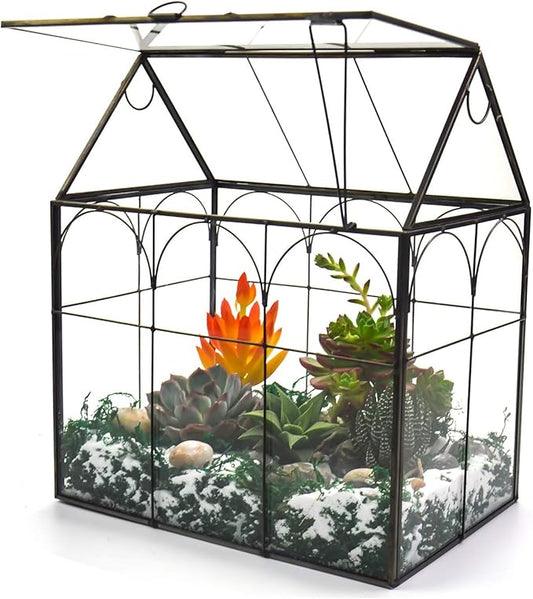 Large Tall Plant Greenhouse Terrarium Glass with Lid, 8.7"X5.9"X10.6" Inches Indoor Tabletop Orchid Succulent Cacti Terrarium Kit NA (House Black A)