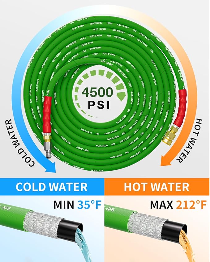 Pressure Washer Hose 150FT 3/8" for Cold and Hot Water 212°F, with Swivel Quick Connect, 4500PSI Kink Resistant Grade Steel Wire Braided, Power Washer Hose With 2pcs M22-14mm Adapter
