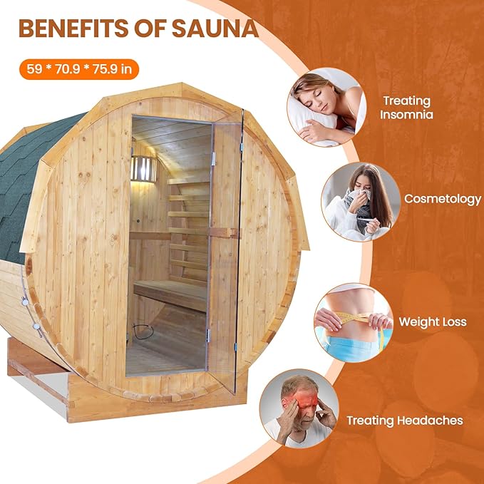 Outdoor Traditional Steam Sauna Barrel Sauna, 4 Person Outdoor Sauna 4.5KW/240V Stove Heater, Finnish Carbonized Spruce with Wooden Barrel, Spoon, Sauna Stone, LED Light - 59 * 70.9 * 75.9 in