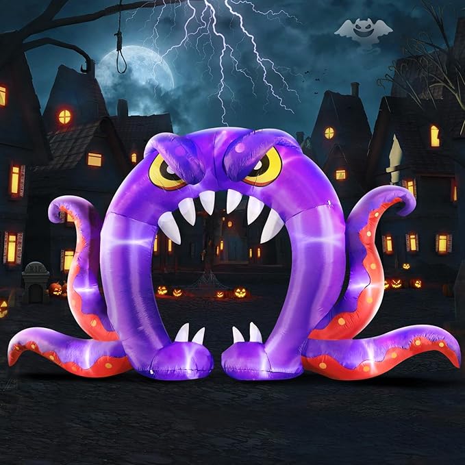DomKom Halloween Inflatable Blow Up Decorations, 16FT Long 8FT Tall Purple Monster Octopus Archway, Built-in LEDs for Holiday Party, Garden, Lawn, Yard, Patio Décor