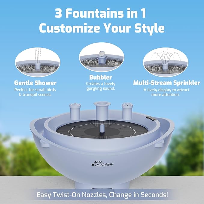 Solar Bird Bath Fountain with Battery, 3-in-1 Hanging & Freestanding Birdbath with Low-Water Protection & 3 Nozzles for Garden, Patio Decor (Sky Blue)