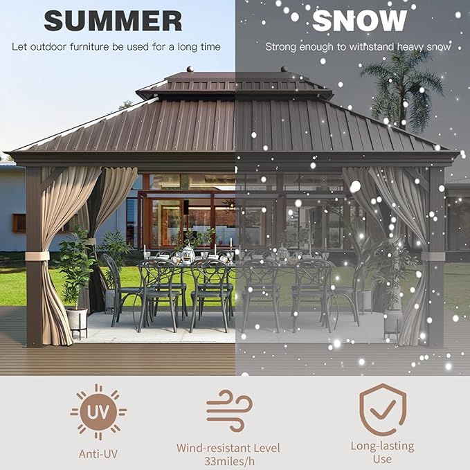 EROMMY 12'x16' Hardtop Gazebo Double Roof Galvanized Steel Canopy Outdoor Aluminum Frame Permanent Metal Pavilion with Netting and Curtains for Patio Backyard Deck and Lawns