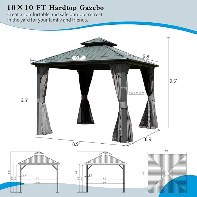 Domi 10’ x 10’ Hardtop Gazebo Metal Frame Canopy with Netting & Curtains, Outdoor Permanent Metal Pavilion with Galvanized Steel Double Roof for Patio Lawn and Garden, Gray