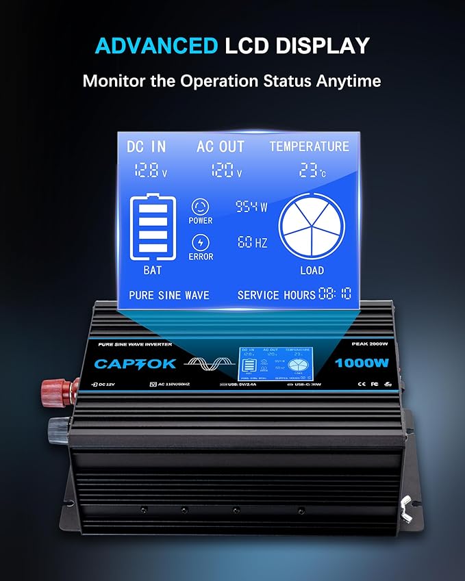1000W Pure Sine Wave Inverter DC 12V AC 120V Double LCD Screen Remote Control Power Inverter 30W USB-C 4AC Outlets for RV, Home, Solar System CAPTOK
