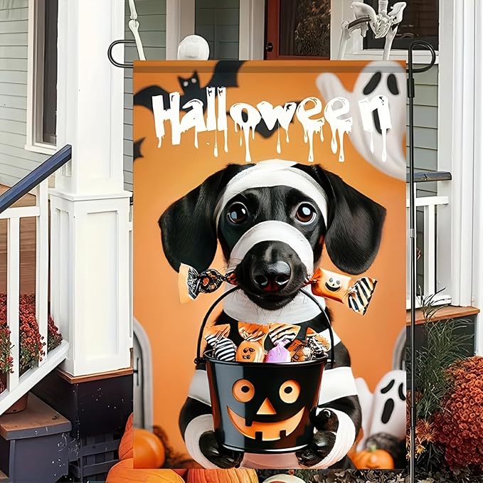 Halloween Garden Flags for Outside 12x18 Inch Double Sided Trick or Treat Dachshund Garden Flag Halloween Dog Skeleton Decorations Small Halloween Outdoor Yard Flag
