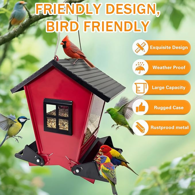Squirrel Proof Bird Feeders for Outdoors Hanging, 5LB Capacity Metal Wild Birdfeeders Outside Hanging, Cardinal Bird Feeder Squirrel Proof as Various Finch Feeders for Outside(red)