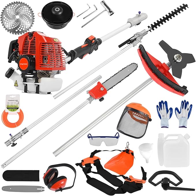 52cc Weed Wacker Gas Powered, 5 in 1 String Trimmer Gas Weed Eater Cordless Weed Wacker Hedge Trimmer Brush Cutter Grass Trimmer Strong Powerful Full Functioning Guard Accessories (red)