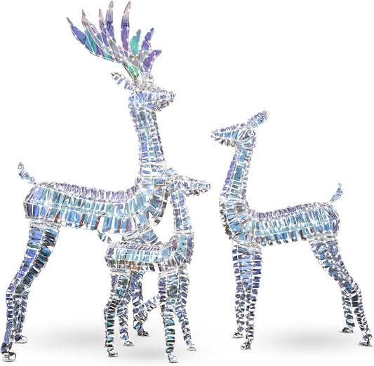 Lamerge Lighted Reindeer Family Set of 3, Christmas Decorative Deer with Red Bow and Ground Stake, Indoor or Outdoor Christmas Holiday Decoration for Yards Lawn Patio -Rainbow Color