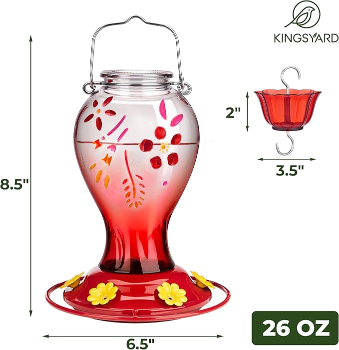 Kingsyard Glass Hummingbird Feeder for Outdoors Hanging - 26 oz Leak Proof Nectar Feeder with 6 Feeding Ports & Ant Moat for Garden Backyard Decor, Red