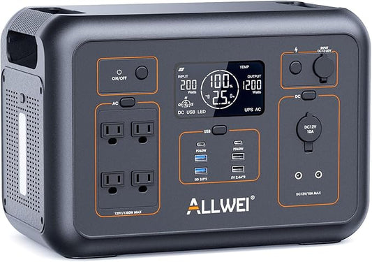 ALLWEI LiFePO4 Portable Power Station 1200W, 1008Wh LiFePO4 Battery, UPS Function, 1.5Hrs Fast Charge, 4 AC Outlets(Peak 2400W), Solar Generator for Outdoor Camping RVs CPAP Home Emergency