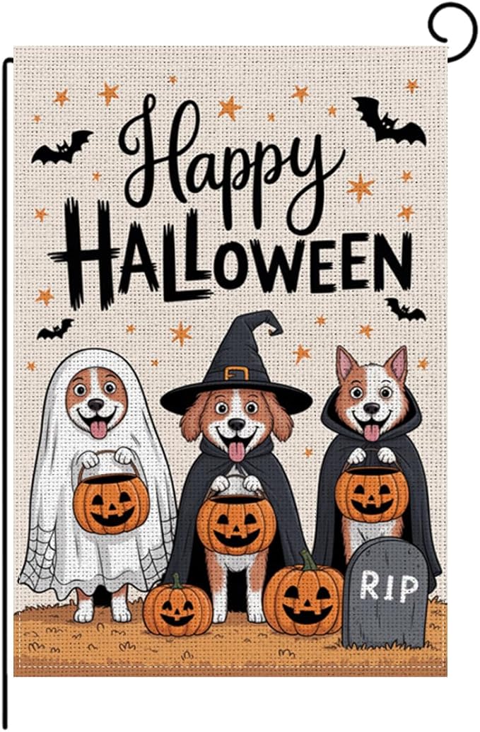 HTBIG Happy Halloween Garden Flag, Funny Dog Pumpkin Halloween Decor, Yard Flags for Outside 12x18 inch, Outside Yard for Home Decorations
