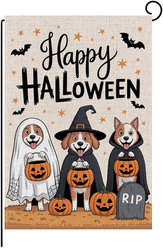 HTBIG Happy Halloween Garden Flag, Funny Dog Pumpkin Halloween Decor, Yard Flags for Outside 12x18 inch, Outside Yard for Home Decorations