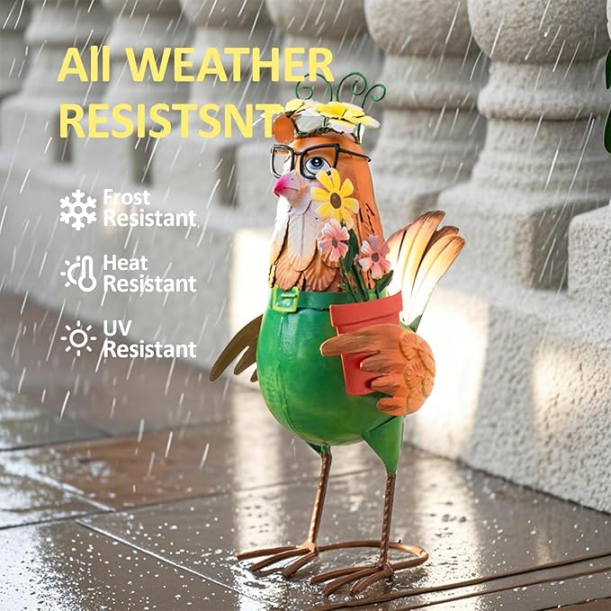 Natelf Metal Chicken Statue for Outdoor Decor Cute Rooster Hen Garden Sculpture with Vintage Glasses, Weather-Resistant Farmhouse Art for Yard, Patio, Coop, or Housewarming Gift for Mom, Friends