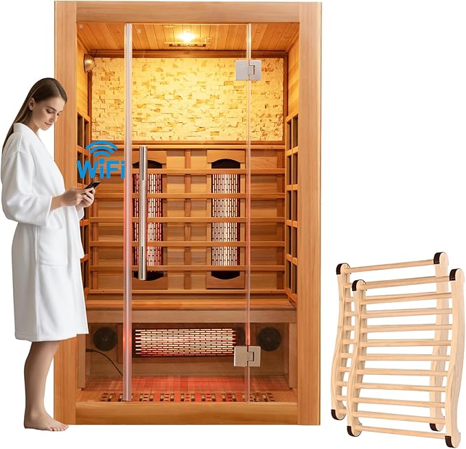 Infrared Sauna Room with WiFi Control, 2 Person Canadian Cedar Wood Indoor Saunas Spa with Red Light Therapy, Oxygen Bar, Speaker, Backrest, 1800W/220V, Ideal Sauna for Gym, Home