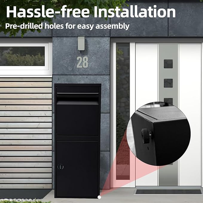 Black Mailboxes for Outside，Galvanized Steel Large Package Delivery Boxes for Outside,with Adjustable Baffle Parcel Drop Box,Wind and Rainproof Packages Box for front Porch