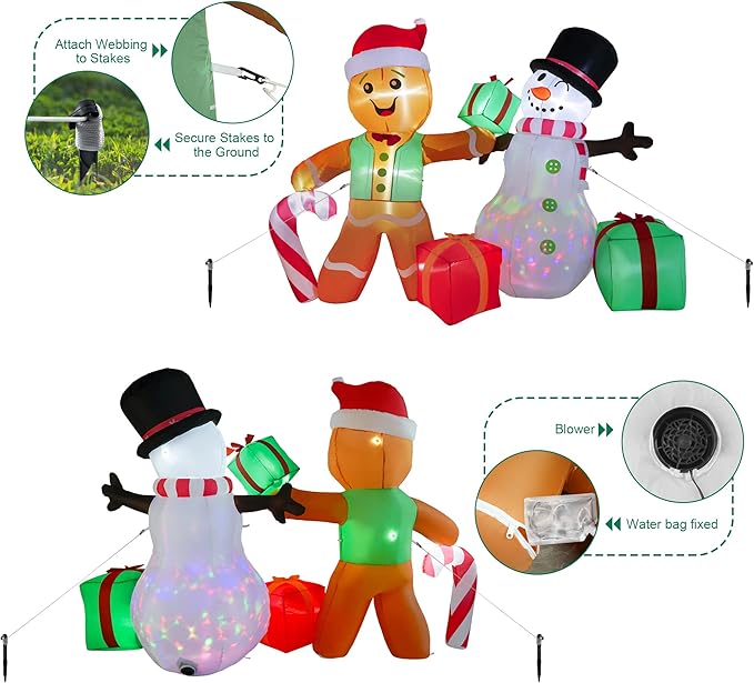 COOLWUFAN 6 FT Christmas Decorations Outdoor Inflatables Gingerbread Man Snowman Blow Up Yard Decor, Outdoor Inflatables Decorations with Rotating LED Light for Garden Patio Lawn Holiday Party Xmas