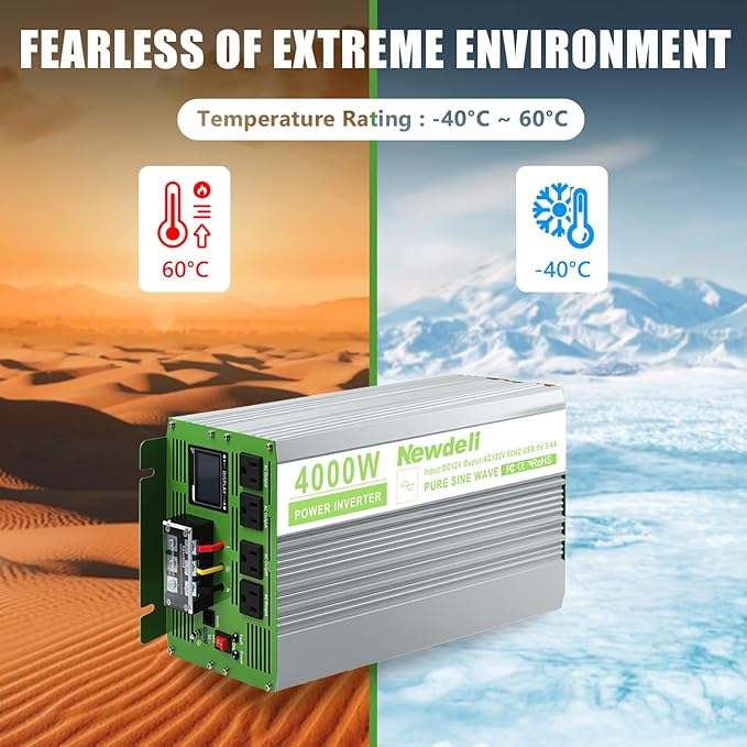 Newdeli 4000 Watt Power Inverter 12V DC to 110V 120V AC Pure Sine Wave Inverter with LCD Display, Remote Controller, 4 AC Outlets and 5V 3.4A USB Port for Vehicles Car Truck RV Solar System Home