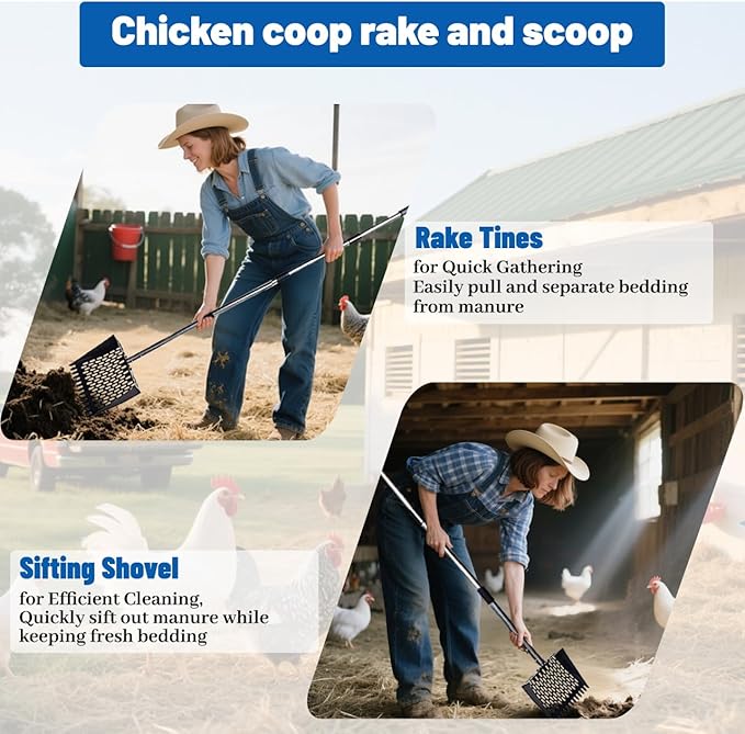 Chicken Coop Scoop 2-in-1 Chicken Poop Scooper & Rake - 62" Adjustable Sand Sifting Shovel Cleaning for Chicken Coops Animal Pens, Reinforced Joint