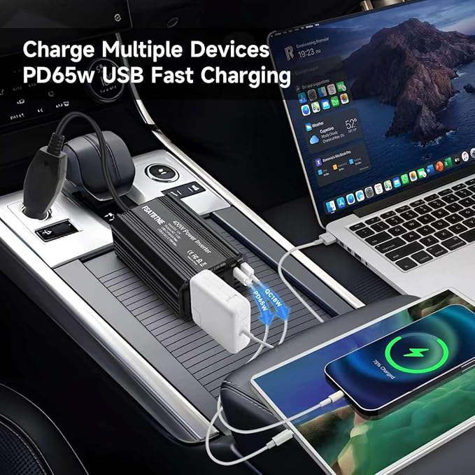 400W Power Inverter, FSATBTNE DC 12V to 110V AC Car Plug Adapter Outlet Converter with [65W PD USB-C] & [18W QC USB-A] Fast Charging Ports and 2 AC Outlets Car Power Inverters for Vehicles Black