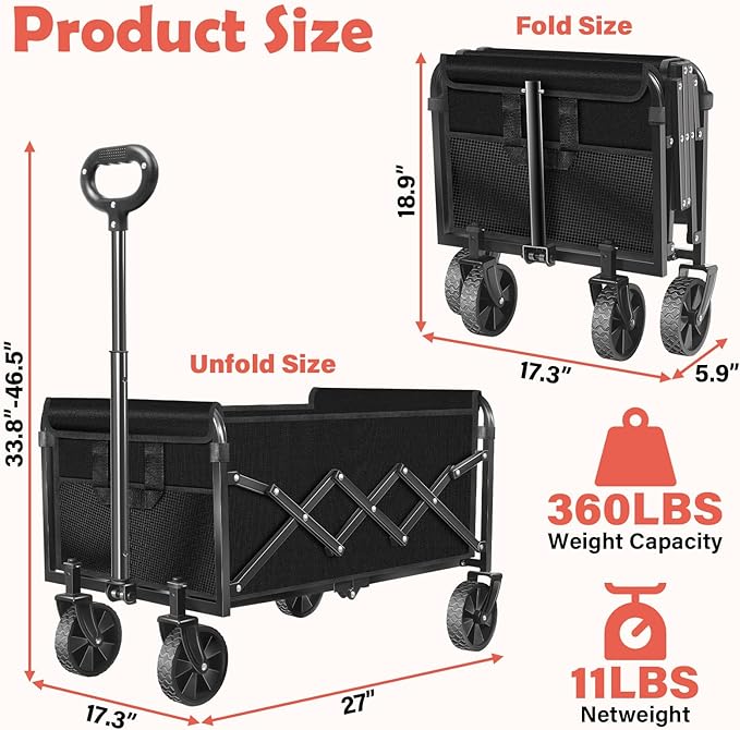 Wagons Carts Foldable, 360 Lbs with Adjustable Handle, Black Lightweight Portable, Collapsible Wagon for Camping, Shopping, Sports, Travel, Garage and Gardening Storage with Drink Holders