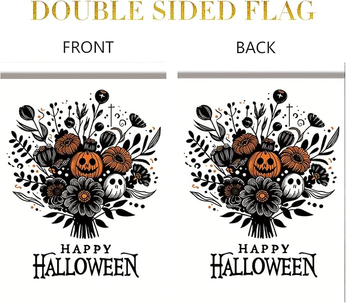 Halloween Garden Flag 12x18 Inch Pumpkin Ghost Floral Bouquet Yard Banner Happy Halloween Outdoor Decoration Double Sided Seasonal House Flag for Porch Patio Lawn Garden Party Fall Decor