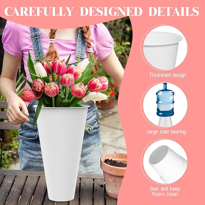 Flower Display Stand with Buckets, 4 Layers 16 PCS Buckets Plant Stand with Wheels, Movable Metal Plant Stand for Terrace Garden, Living Room, Florist Shop (Gold Frame - White Buckets, 4-Tier- 16 Buckets)