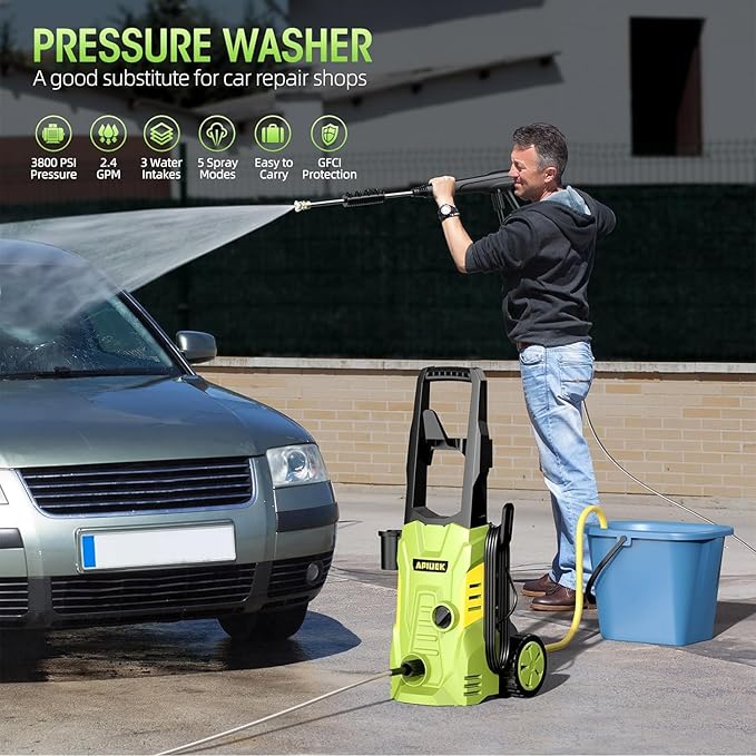 Electric High Pressure Washer - Portable Washer with 23 FT Water Outlet & 6.6 FT Inlet Hose, Steel Spray Wand, Foam-Adjustable Cannon, 4 Nozzle Set, Cleans Car/Patio/Fence/Window, 3800PSI 2.4GPM