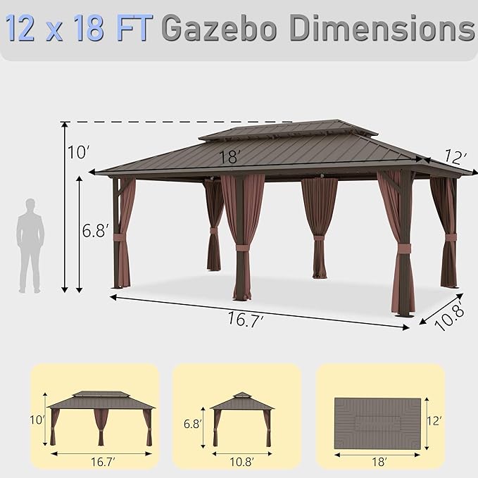 12'x18' Hardtop Gazebo, Outdoor Aluminum Frame Galvanized Steel Double Roof Pavilion with Netting and Shaded Curtains, Permanent Metal Pergolas for Patio, Backyard, Deck and Lawns.