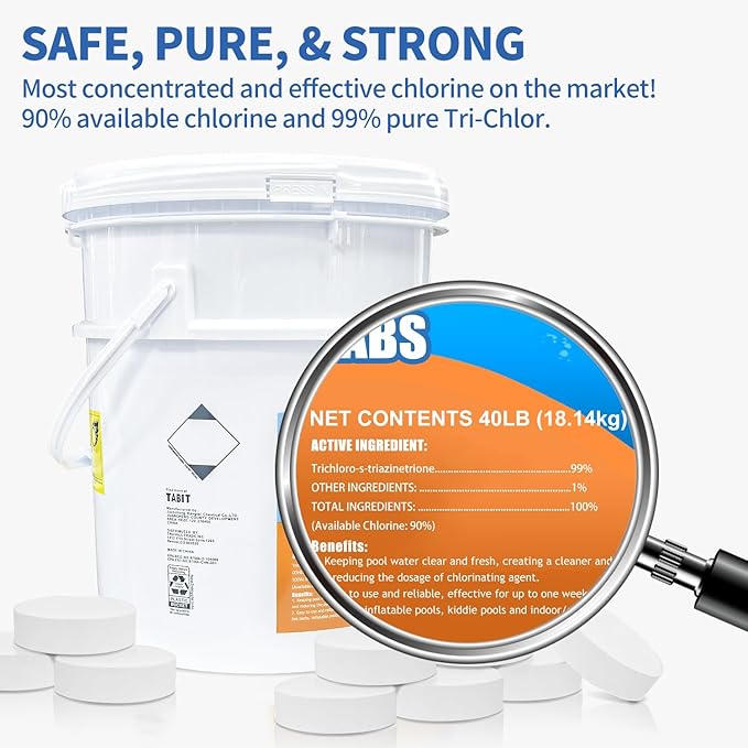 Chlorine Tablets 3 inch 40 Pounds, TABIT Swimming Pool Long Lasting Chlorinating Tablets, Slow Dissolving, Tri-Chlor for Swim Pool, Hot Tubs, Spa