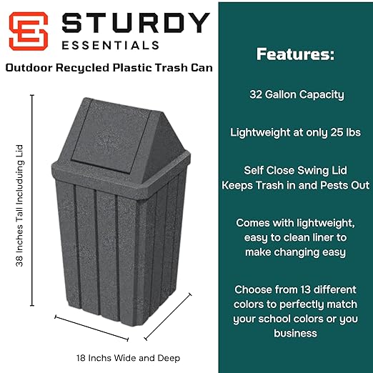 32 Gallon Square Slatted 100% Recycled Plastic Heavy Duty Outdoor Commercial Trash Can with Swing Top Lid | Great for Schools and Businesses - Dark Granite