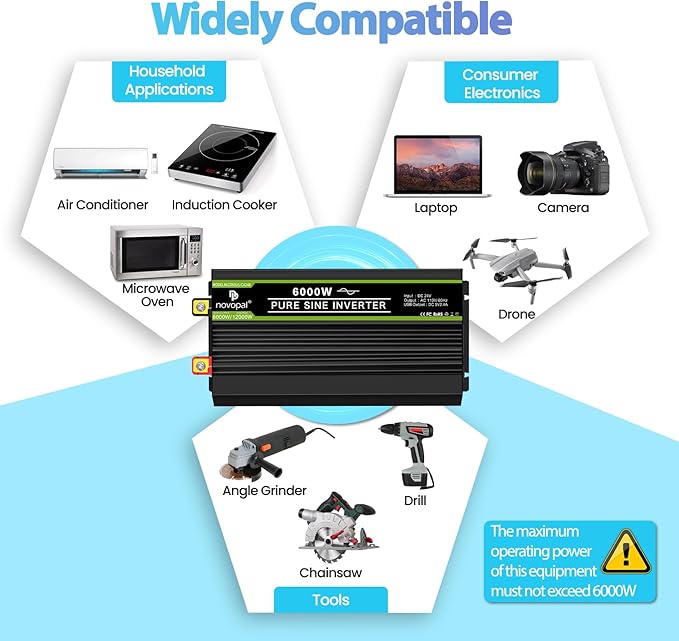 NOVOPAL 6000 Watt Pure Sine Wave Power Inverter DC 24V to AC 110V 120V Rv Inverters with 1 USB Port-16 feet Remote Control, LCD Display for Truck, Hurricane, Home
