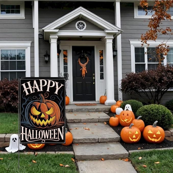 HTBIG Halloween Decor Garden Flag, Happy Halloween Pumpkin Decor, Yard Flags for Outside 12x18 inch, Outside Yard for Home Decorations